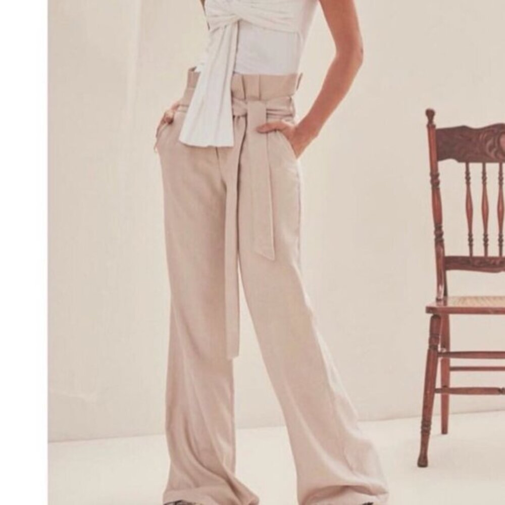 Padova Linen High Waist Paperbag Pleated Wide-Leg Pants in Beige Size 8